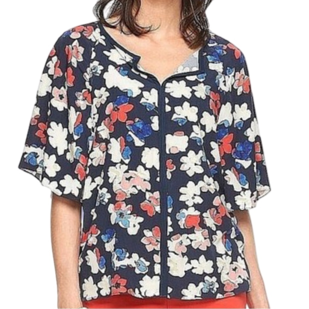 Elle Women’s Blue Red White‎ Floral Top Small Preppy Summer Office Casual Cute